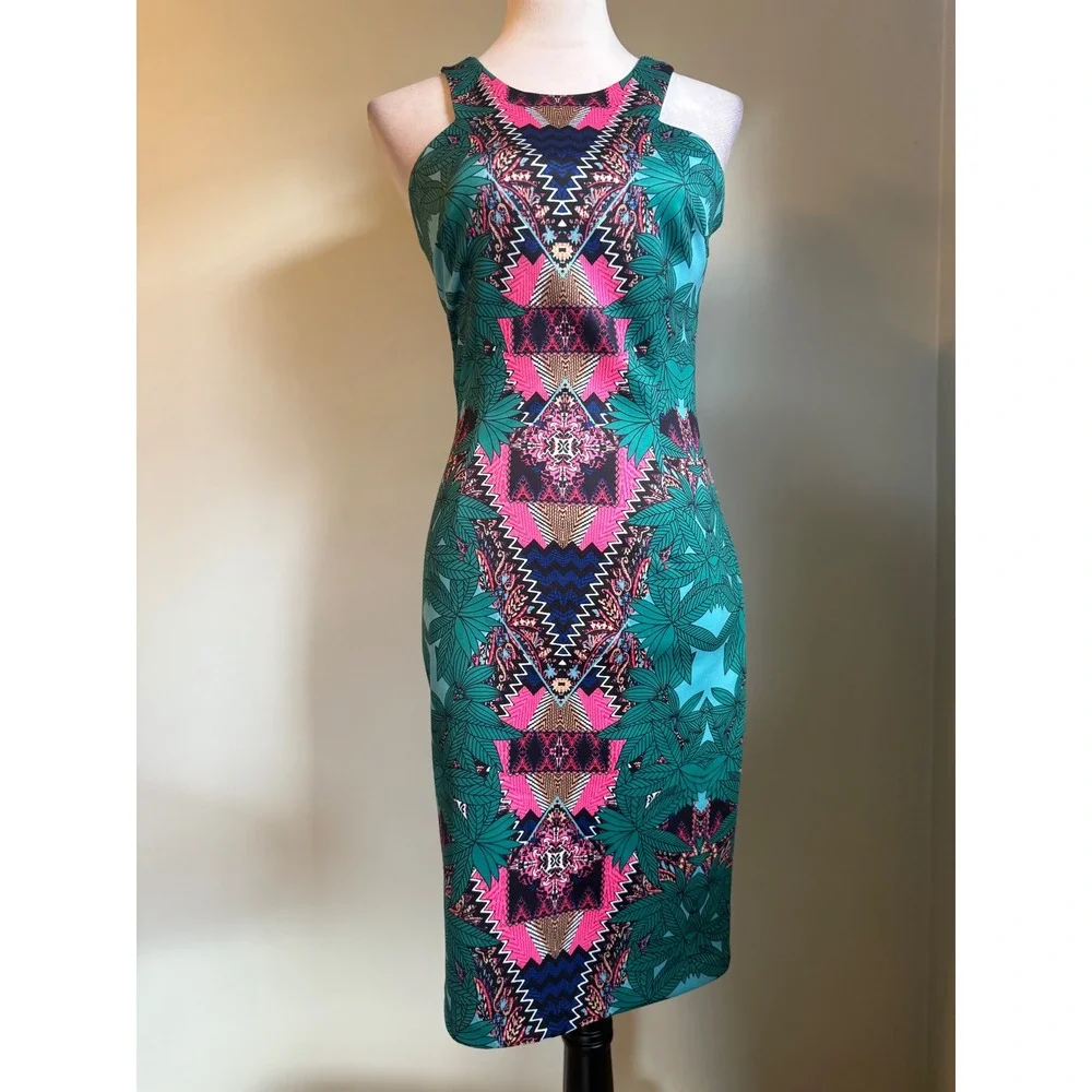 Gianni Bini Teal Pink resort Tropical colorful Sheath Dress Small boho Y2K beach